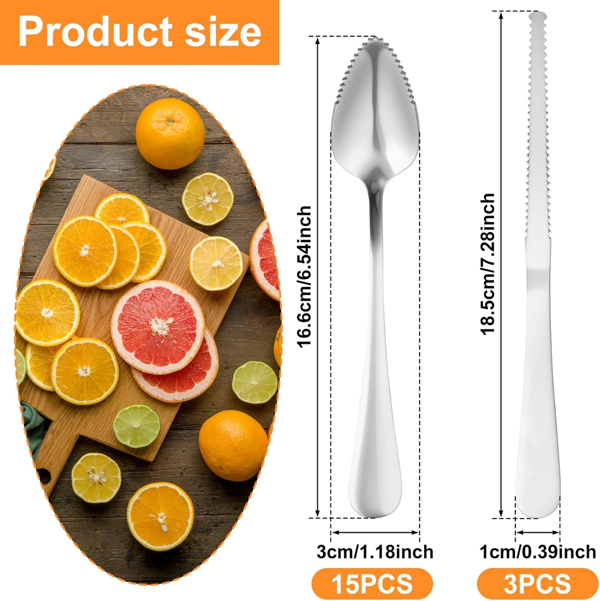 Grapefruit Spoons and Knife Set, 15 Stainless Steel Grapefruit Spoon And 3 Grapefruit knife with Serrated Edge Suitable for Citrus Fruits Desserts Salads