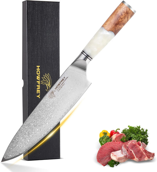 Damascus Chef Knife 8 Inch, 67-Layer Japanese Kitchen Knives Sharp VG-10 High Carbon Stainless Steel with Ergonomic Pakkawood Handles, Elegant Gift Box Packaging for Home and Kitchen