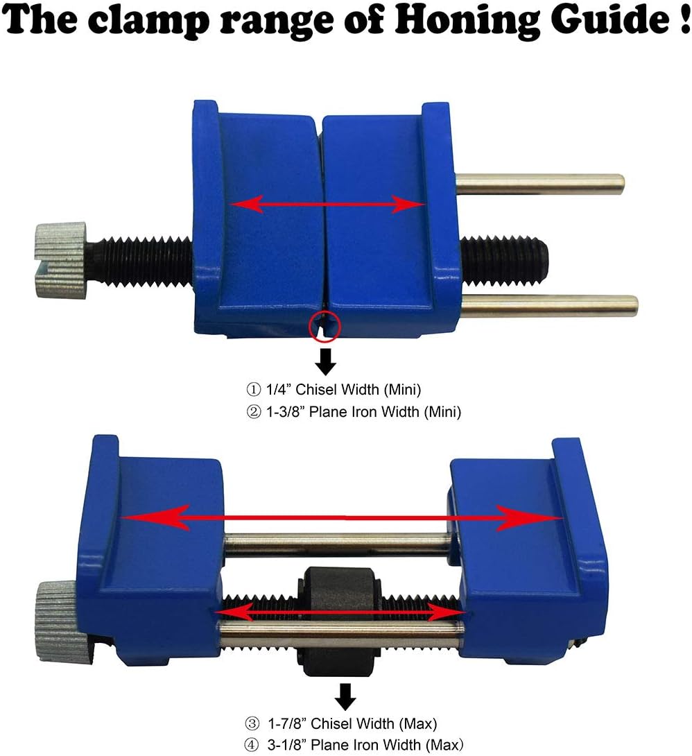 Honing Guide,Sharpening Jig for Chisel (1/8” to 1-7/8”) and Planer Blade (1-3/8” to 3-1/8”), Fixed Angle Knife Sharpener with Clamping Holder,Ideal for Graver and Flat Chisel Woodworking Tool