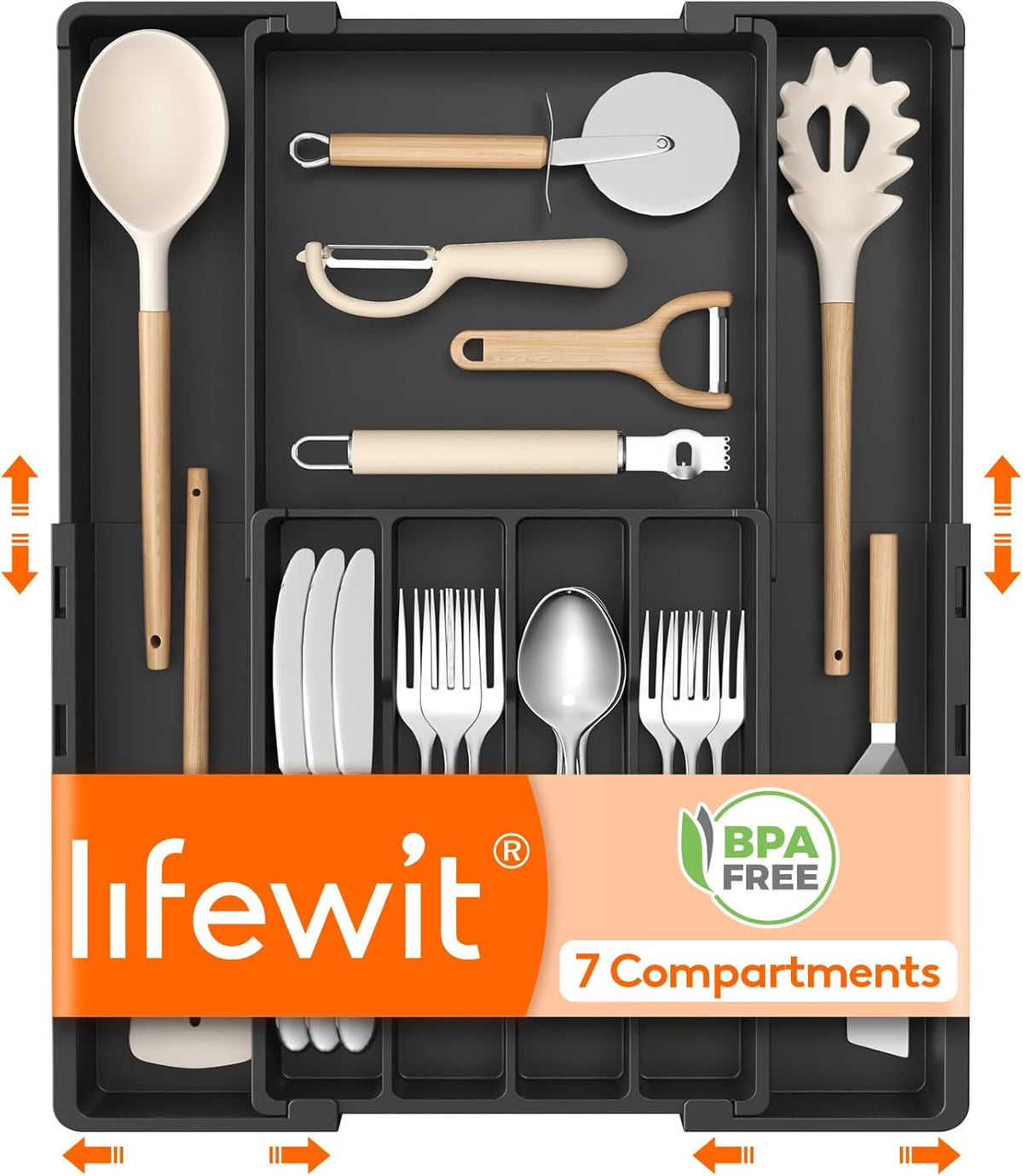 Silverware Drawer Organizer, Expandable BPA Free Utensil Tray for Kitchen, Adjustable Flatware and Cutlery Holder, Plastic Storage for Spoons Forks Knives, 8.9-14.2 x 11.3-19.4 x 1.7, Black