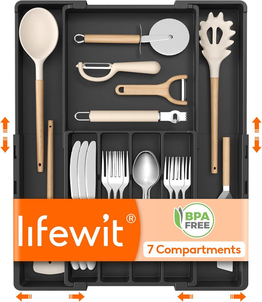 Silverware Drawer Organizer, Expandable BPA Free Utensil Tray for Kitchen, Adjustable Flatware and Cutlery Holder, Plastic Storage for Spoons Forks Knives, 8.9-14.2 x 11.3-19.4 x 1.7, Black