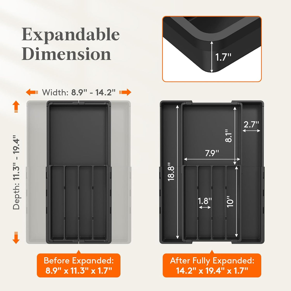 Silverware Drawer Organizer, Expandable BPA Free Utensil Tray for Kitchen, Adjustable Flatware and Cutlery Holder, Plastic Storage for Spoons Forks Knives, 8.9-14.2 x 11.3-19.4 x 1.7, Black