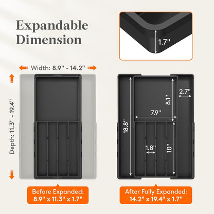 Silverware Drawer Organizer, Expandable BPA Free Utensil Tray for Kitchen, Adjustable Flatware and Cutlery Holder, Plastic Storage for Spoons Forks Knives, 8.9-14.2 x 11.3-19.4 x 1.7, Black