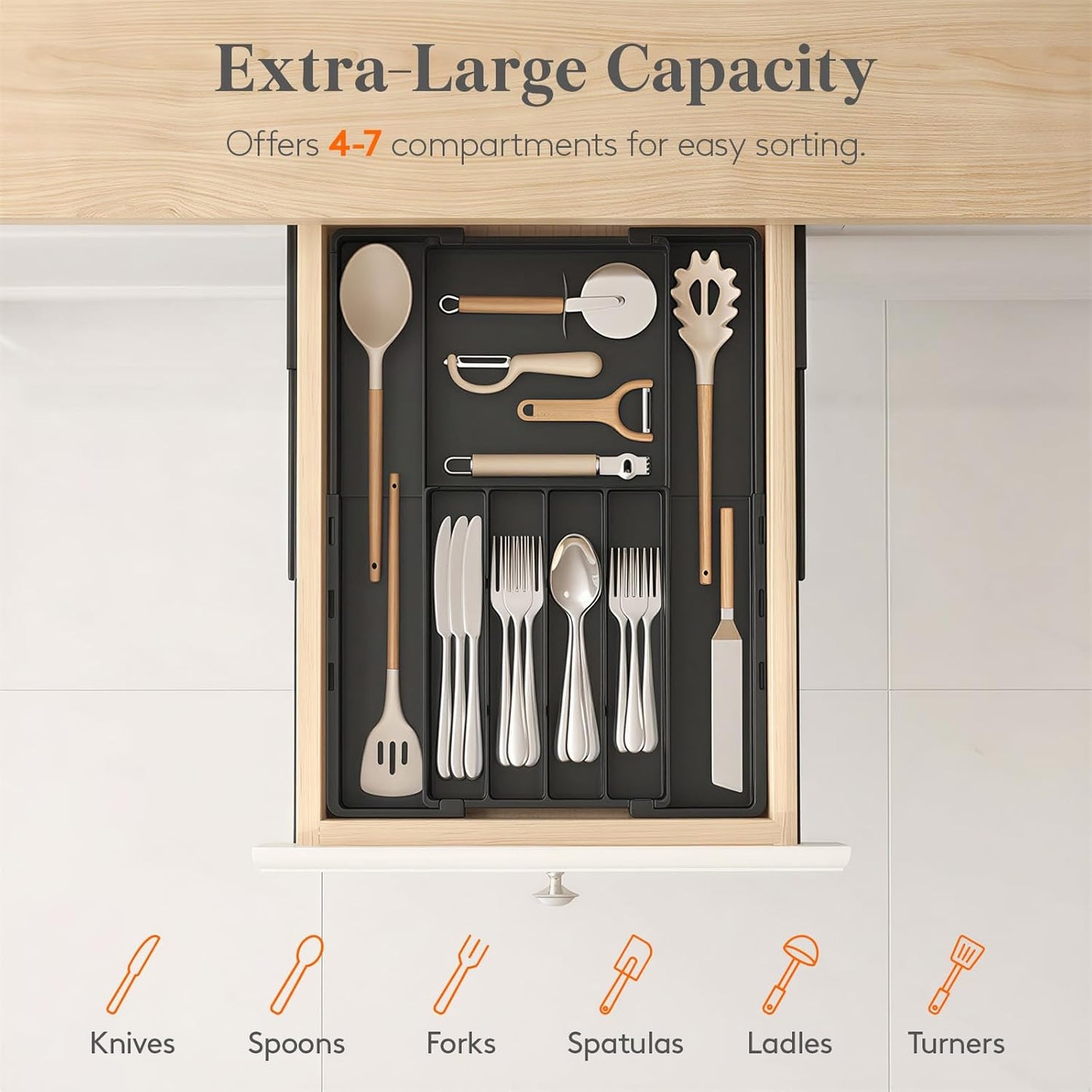 Silverware Drawer Organizer, Expandable BPA Free Utensil Tray for Kitchen, Adjustable Flatware and Cutlery Holder, Plastic Storage for Spoons Forks Knives, 8.9-14.2 x 11.3-19.4 x 1.7, Black