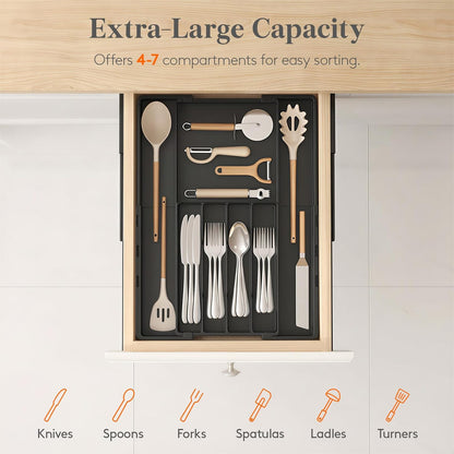 Silverware Drawer Organizer, Expandable BPA Free Utensil Tray for Kitchen, Adjustable Flatware and Cutlery Holder, Plastic Storage for Spoons Forks Knives, 8.9-14.2 x 11.3-19.4 x 1.7, Black