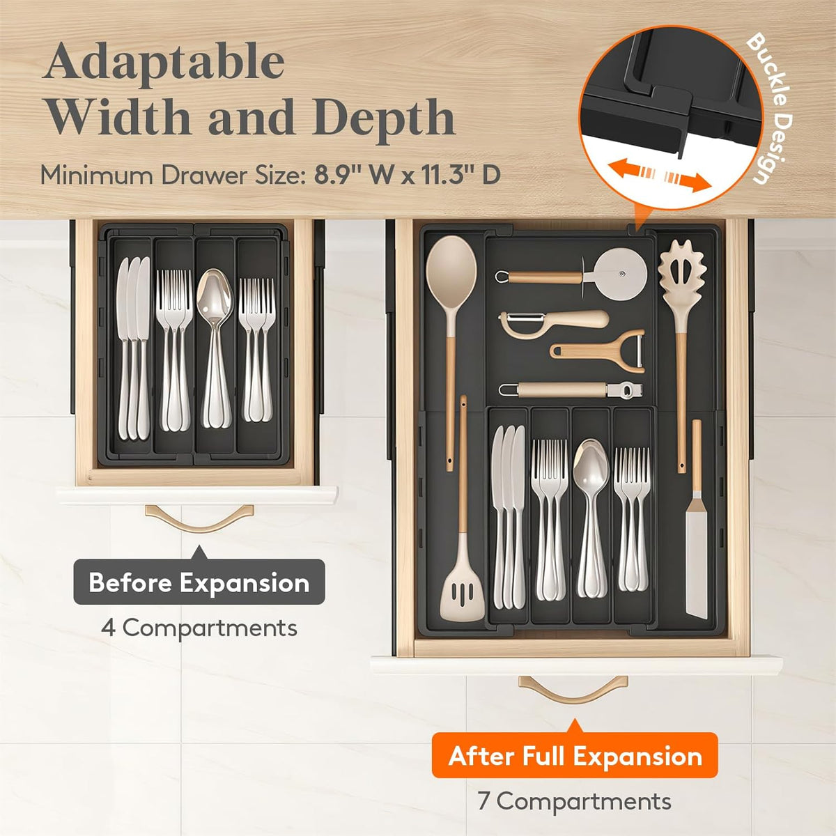 Silverware Drawer Organizer, Expandable BPA Free Utensil Tray for Kitchen, Adjustable Flatware and Cutlery Holder, Plastic Storage for Spoons Forks Knives, 8.9-14.2 x 11.3-19.4 x 1.7, Black
