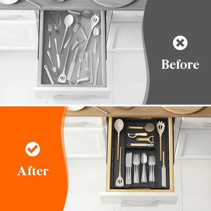Silverware Drawer Organizer, Expandable BPA Free Utensil Tray for Kitchen, Adjustable Flatware and Cutlery Holder, Plastic Storage for Spoons Forks Knives, 8.9-14.2 x 11.3-19.4 x 1.7, Black