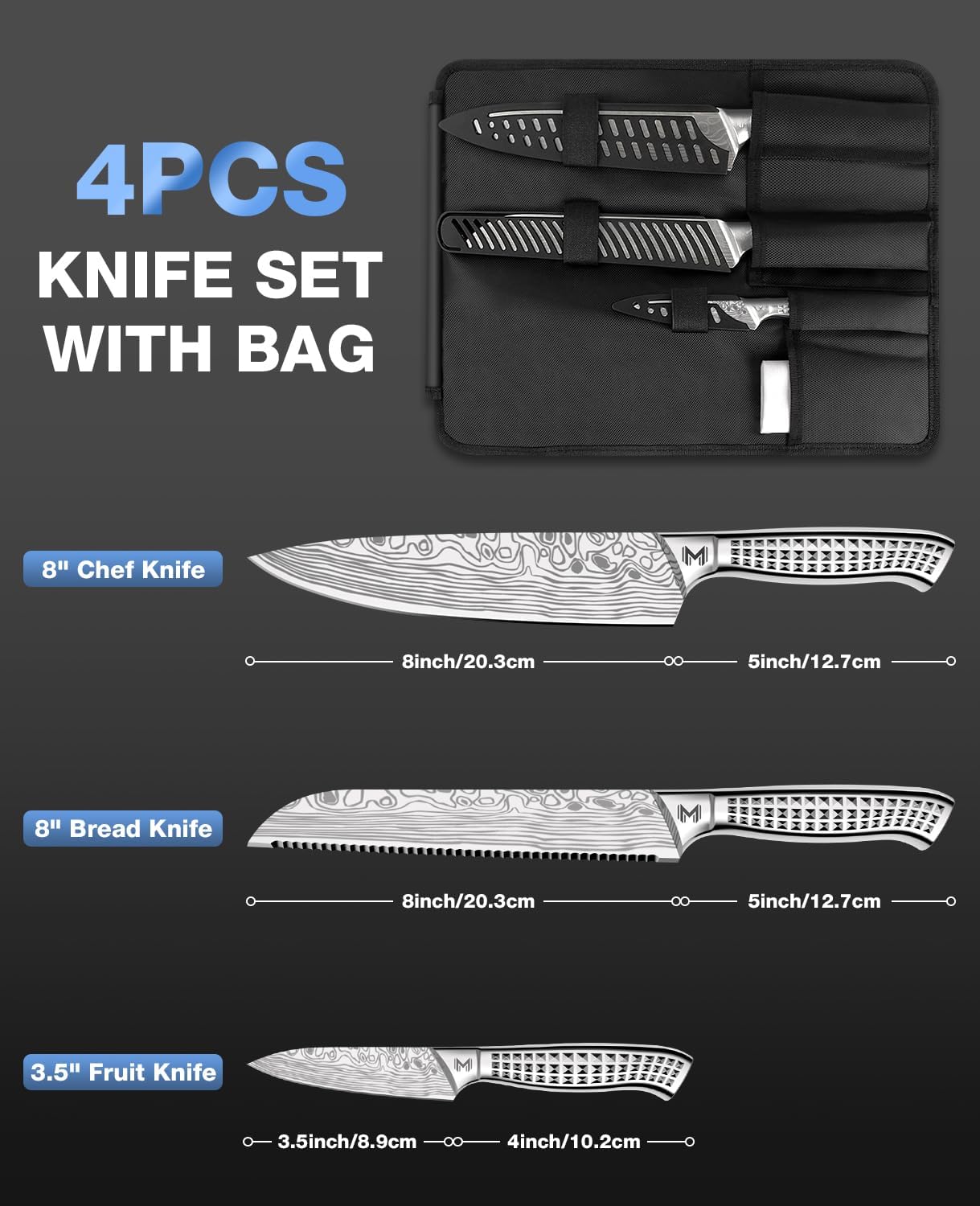 4PCS Kitchen Knife Set,High-Carbon Stainless Steel Chef Knife Set, Portable Knife Roll Bag, Portable Knives for Outdoor Camping and Travel