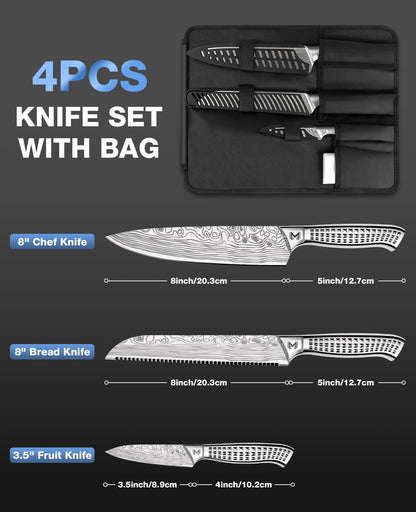 4PCS Kitchen Knife Set,High-Carbon Stainless Steel Chef Knife Set, Portable Knife Roll Bag, Portable Knives for Outdoor Camping and Travel
