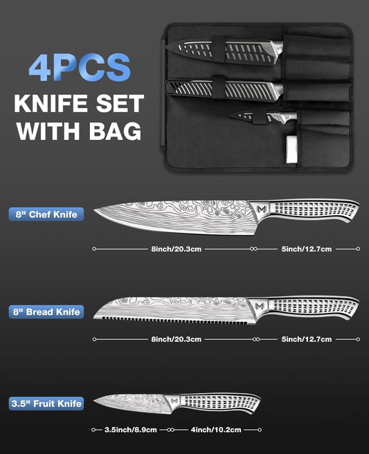 4PCS Kitchen Knife Set,High-Carbon Stainless Steel Chef Knife Set, Portable Knife Roll Bag, Portable Knives for Outdoor Camping and Travel