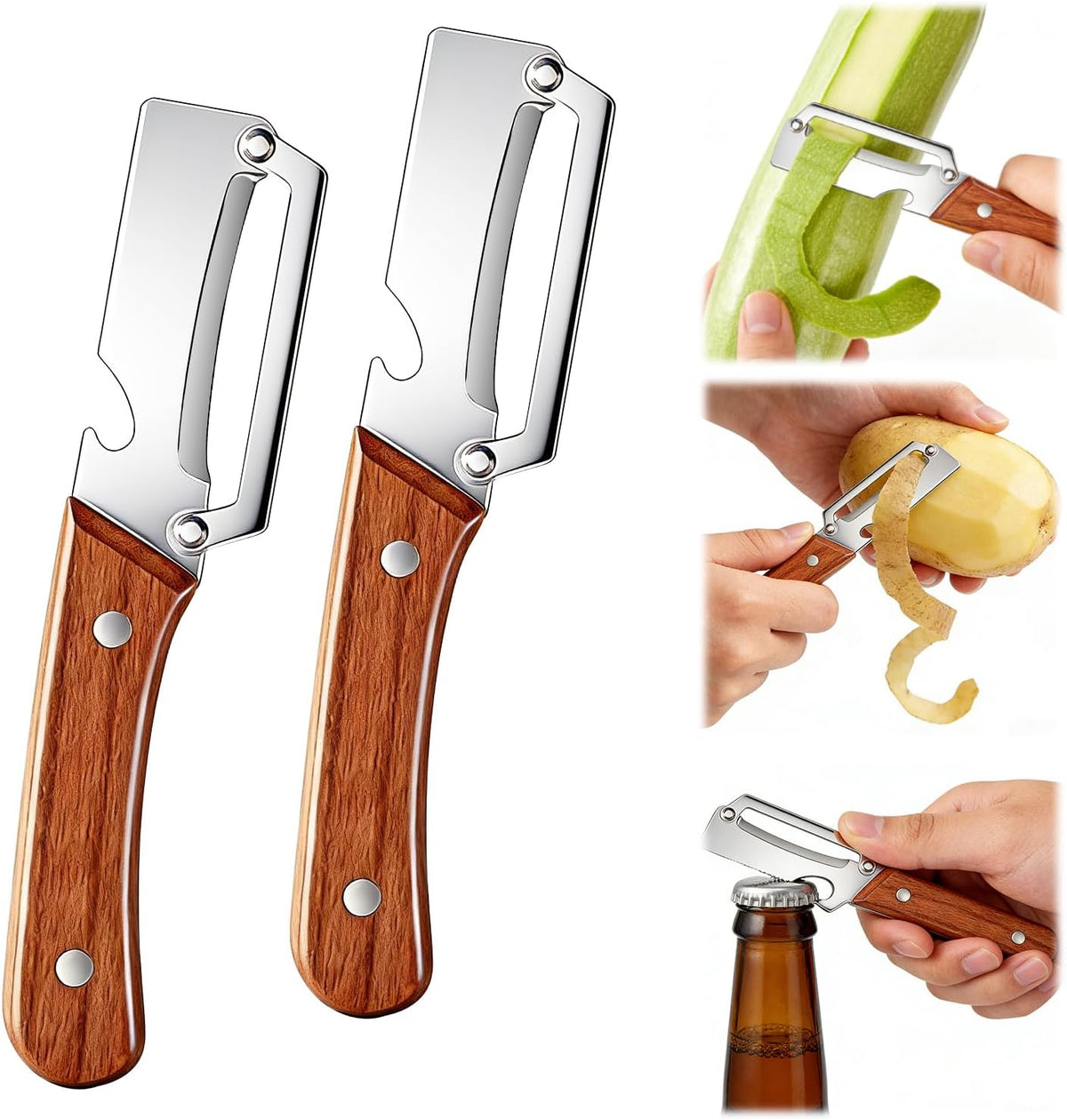 Vegetable Peeler Potato Peeler with Wooden Handle, Sharp Stainless Steel Blade Peelers for Kitchen for Fruit Veggie Apple Potato Carrot Pumpkin Papaya, Built-in Bottle Opener, 2pcs