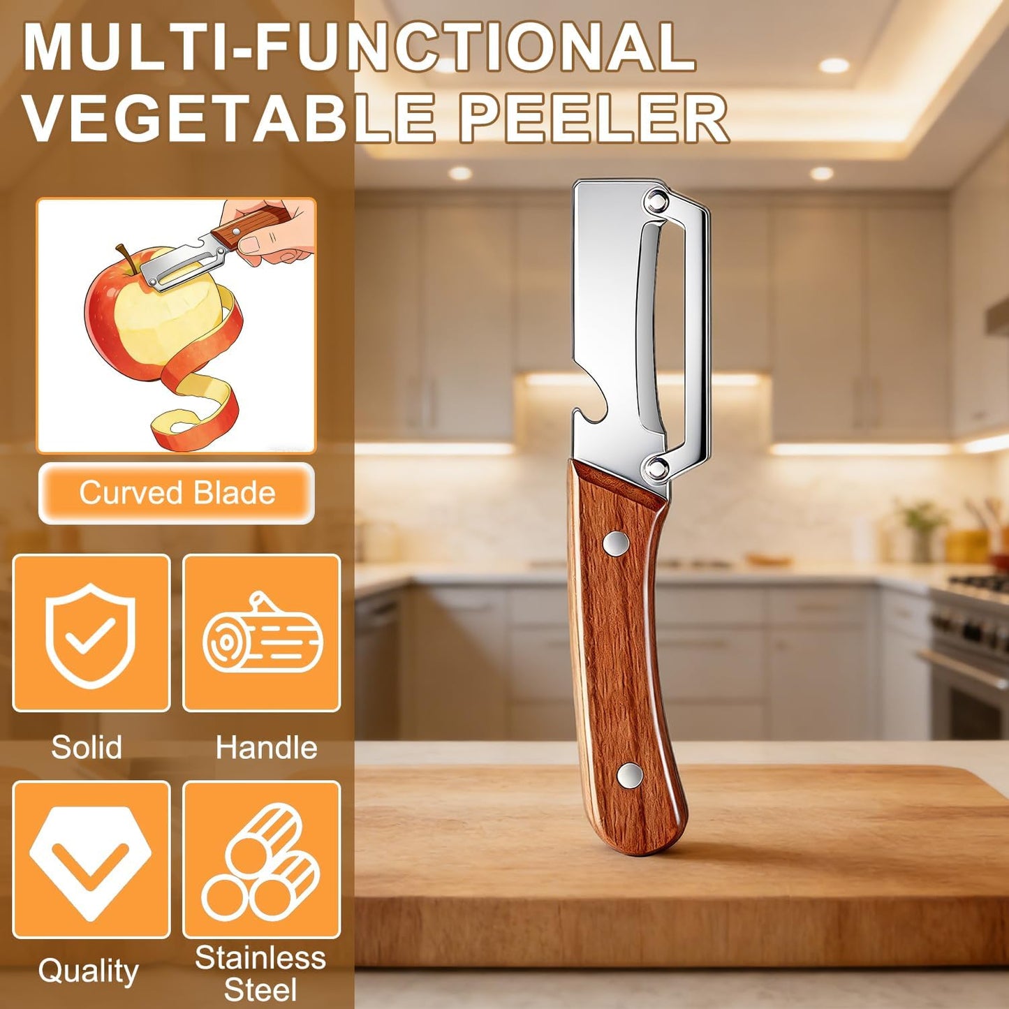 Vegetable Peeler Potato Peeler with Wooden Handle, Sharp Stainless Steel Blade Peelers for Kitchen for Fruit Veggie Apple Potato Carrot Pumpkin Papaya, Built-in Bottle Opener, 2pcs