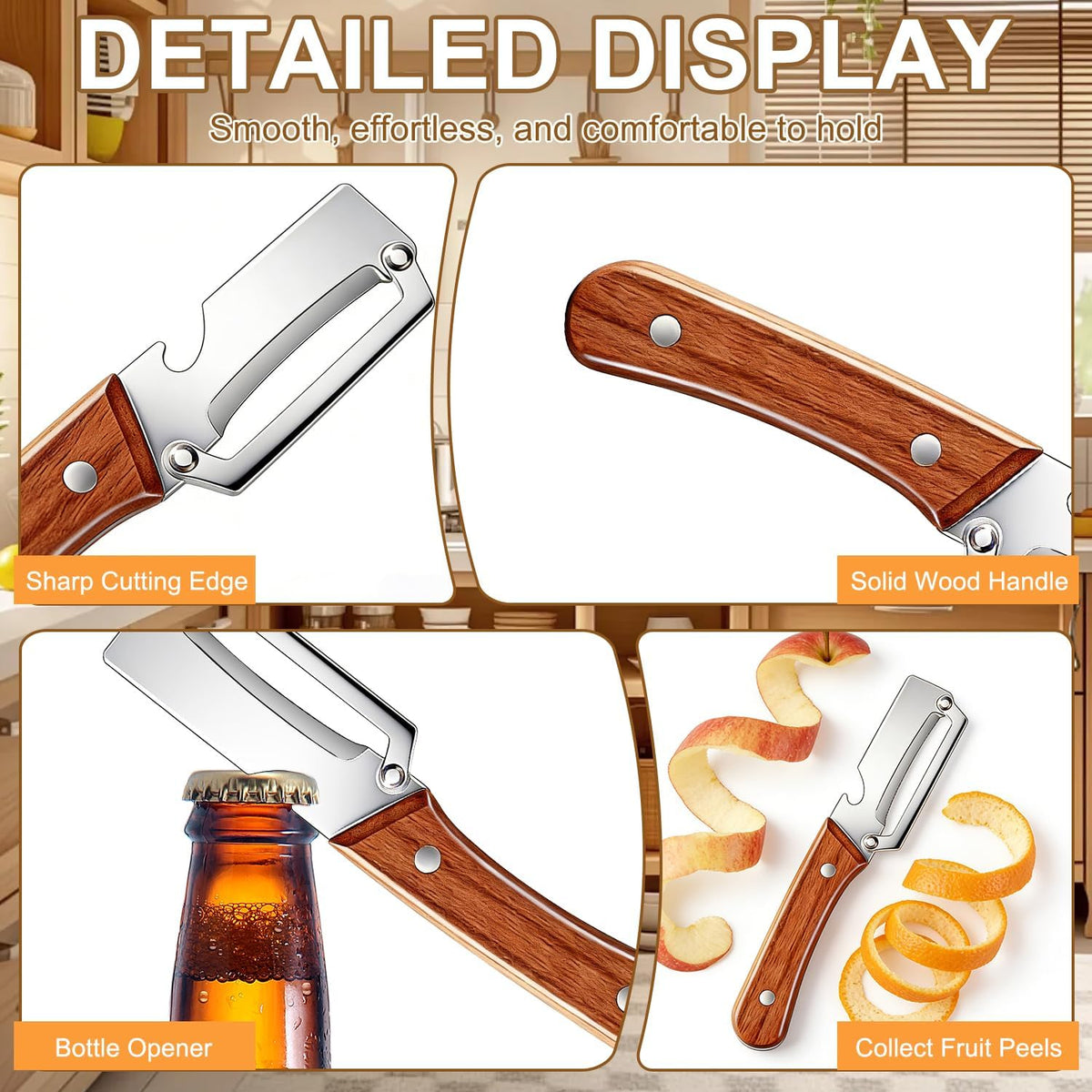 Vegetable Peeler Potato Peeler with Wooden Handle, Sharp Stainless Steel Blade Peelers for Kitchen for Fruit Veggie Apple Potato Carrot Pumpkin Papaya, Built-in Bottle Opener, 2pcs