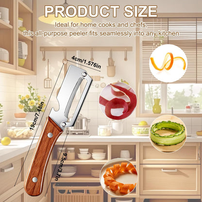 Vegetable Peeler Potato Peeler with Wooden Handle, Sharp Stainless Steel Blade Peelers for Kitchen for Fruit Veggie Apple Potato Carrot Pumpkin Papaya, Built-in Bottle Opener, 2pcs