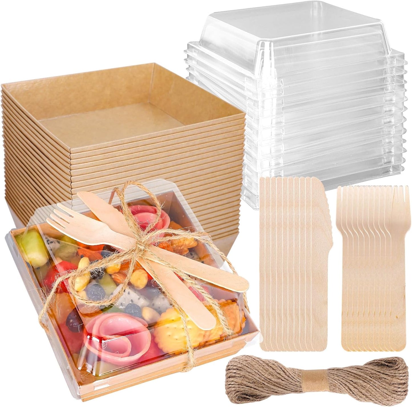 50Pcs Small Charcuterie Boxes with Clear Lids Kraft Mini Dessert Boxes with Forks and Knives 5 Inch Square Disposable Food Containers for Sandwich Cookie Sushi Cake Slice Strawberries