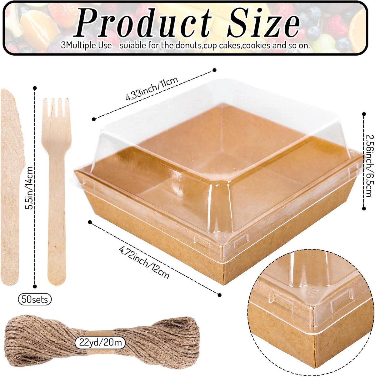 50Pcs Small Charcuterie Boxes with Clear Lids Kraft Mini Dessert Boxes with Forks and Knives 5 Inch Square Disposable Food Containers for Sandwich Cookie Sushi Cake Slice Strawberries