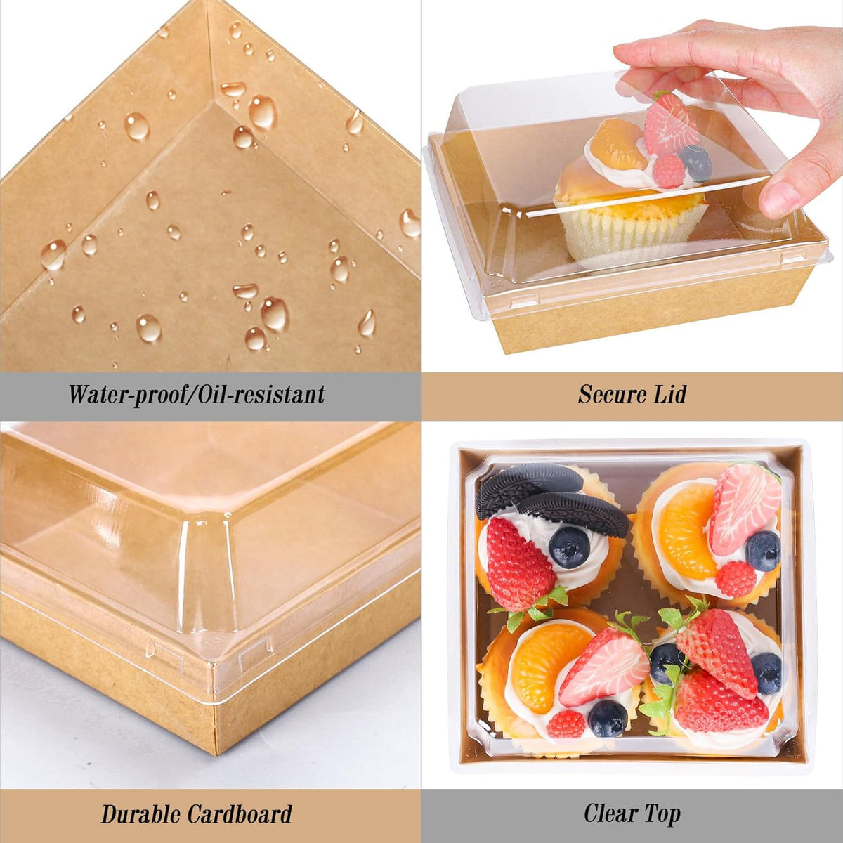 50Pcs Small Charcuterie Boxes with Clear Lids Kraft Mini Dessert Boxes with Forks and Knives 5 Inch Square Disposable Food Containers for Sandwich Cookie Sushi Cake Slice Strawberries