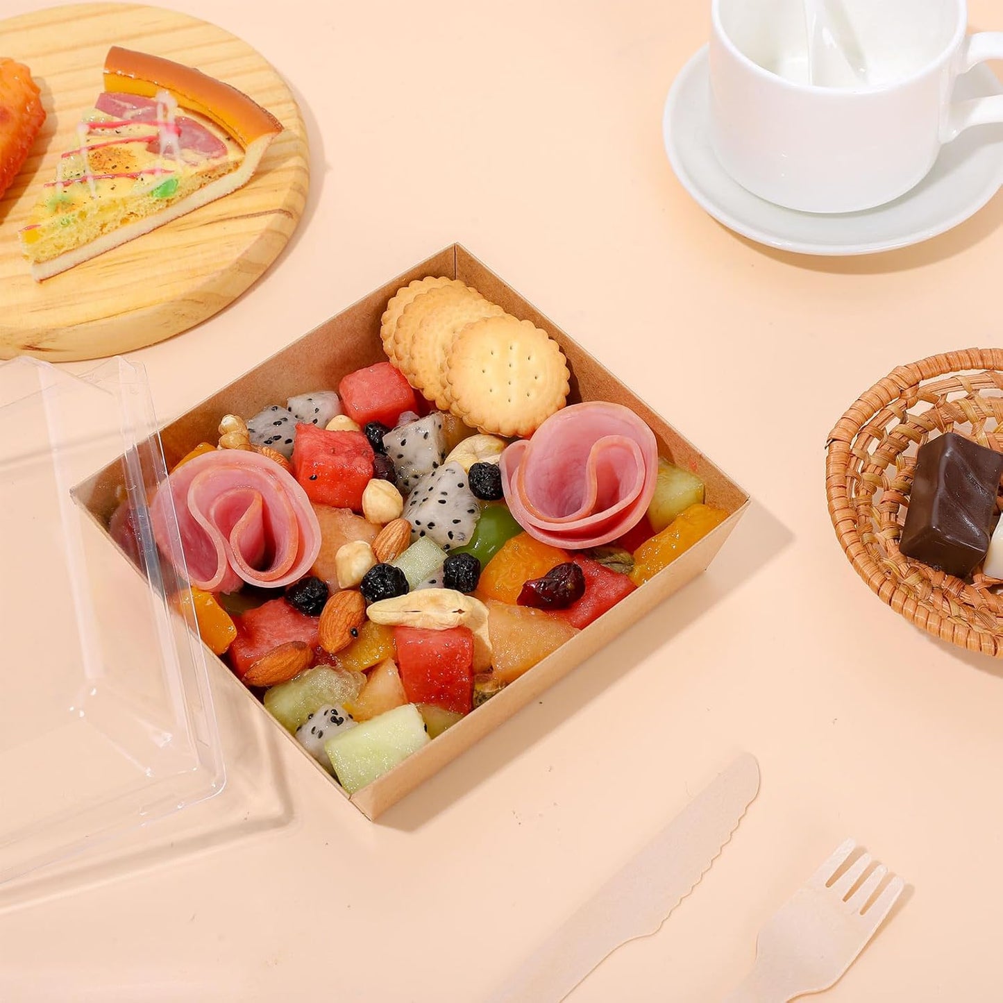 50Pcs Small Charcuterie Boxes with Clear Lids Kraft Mini Dessert Boxes with Forks and Knives 5 Inch Square Disposable Food Containers for Sandwich Cookie Sushi Cake Slice Strawberries