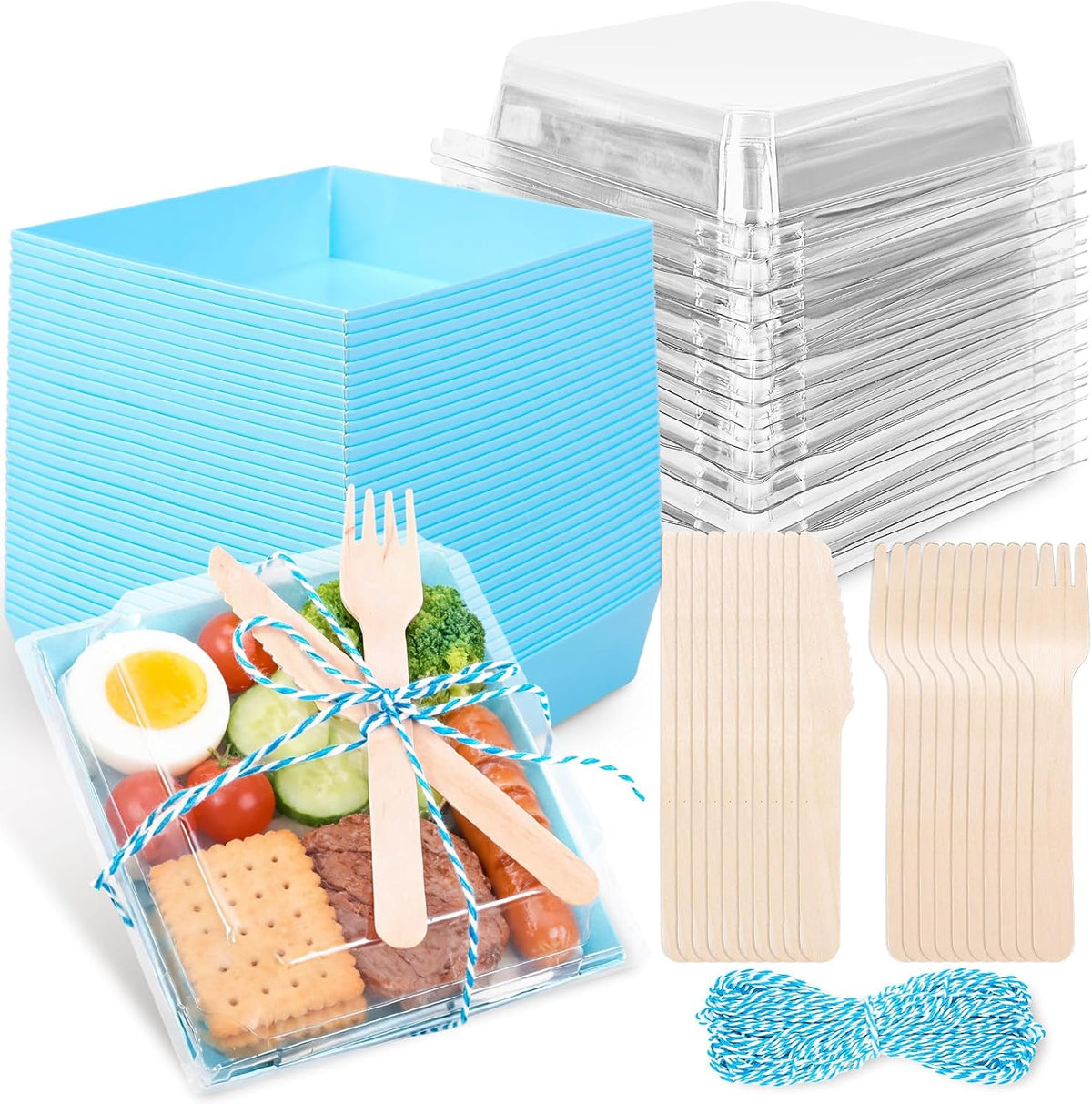 50Pcs Small Charcuterie Boxes with Clear Lids Kraft Mini Dessert Boxes with Forks and Knives 5 Inch Square Disposable Food Containers for Sandwich Cookie Sushi Cake Slice Strawberries