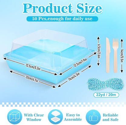 50Pcs Small Charcuterie Boxes with Clear Lids Kraft Mini Dessert Boxes with Forks and Knives 5 Inch Square Disposable Food Containers for Sandwich Cookie Sushi Cake Slice Strawberries