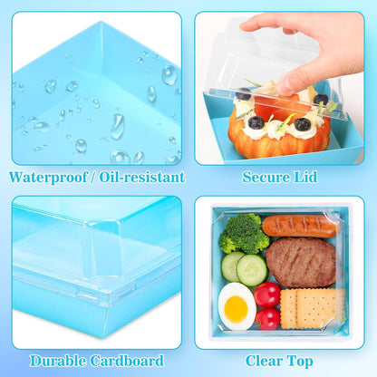 50Pcs Small Charcuterie Boxes with Clear Lids Kraft Mini Dessert Boxes with Forks and Knives 5 Inch Square Disposable Food Containers for Sandwich Cookie Sushi Cake Slice Strawberries