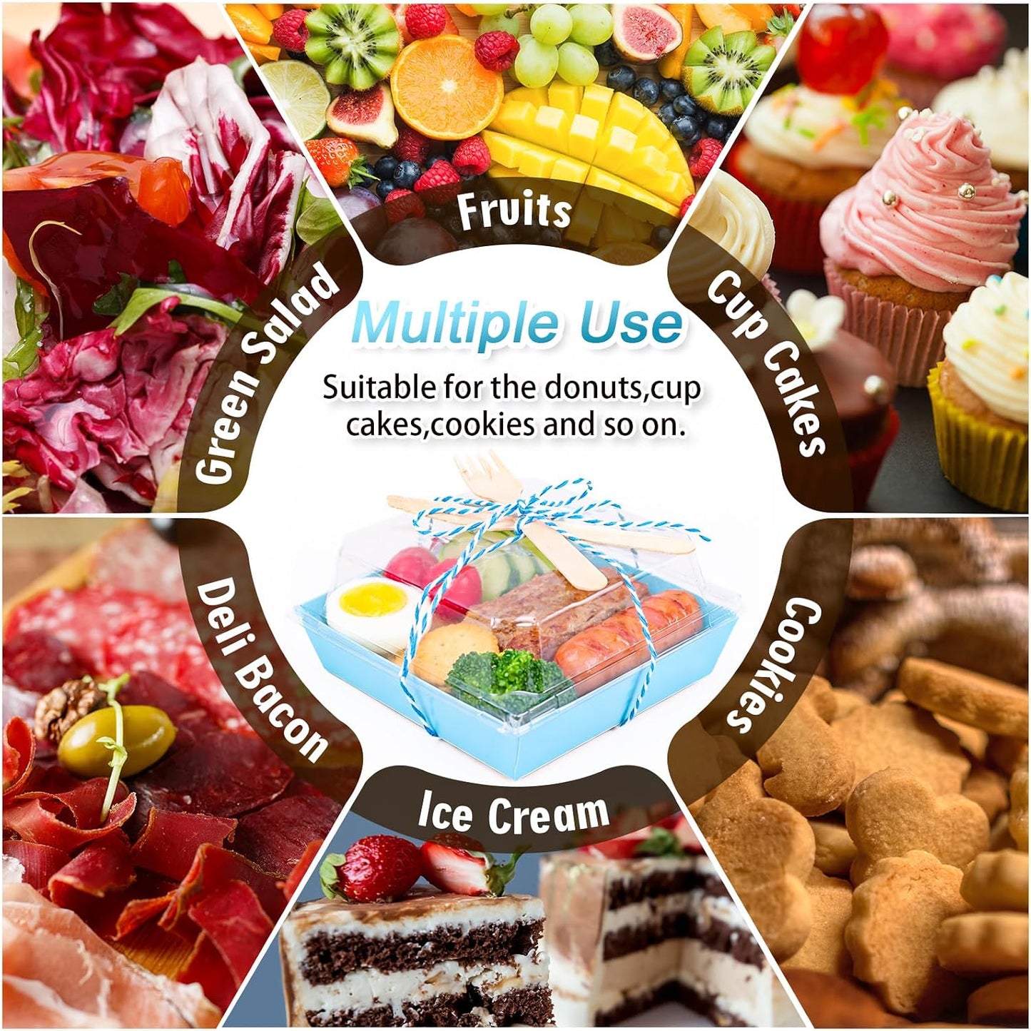 50Pcs Small Charcuterie Boxes with Clear Lids Kraft Mini Dessert Boxes with Forks and Knives 5 Inch Square Disposable Food Containers for Sandwich Cookie Sushi Cake Slice Strawberries