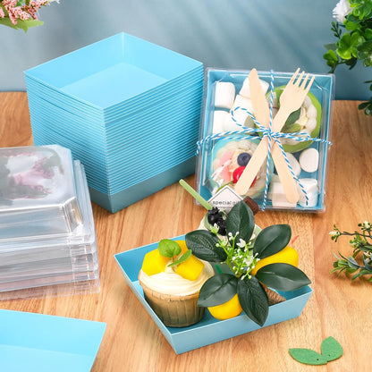 50Pcs Small Charcuterie Boxes with Clear Lids Kraft Mini Dessert Boxes with Forks and Knives 5 Inch Square Disposable Food Containers for Sandwich Cookie Sushi Cake Slice Strawberries
