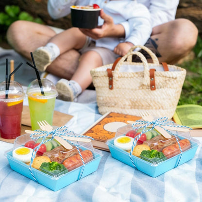 50Pcs Small Charcuterie Boxes with Clear Lids Kraft Mini Dessert Boxes with Forks and Knives 5 Inch Square Disposable Food Containers for Sandwich Cookie Sushi Cake Slice Strawberries