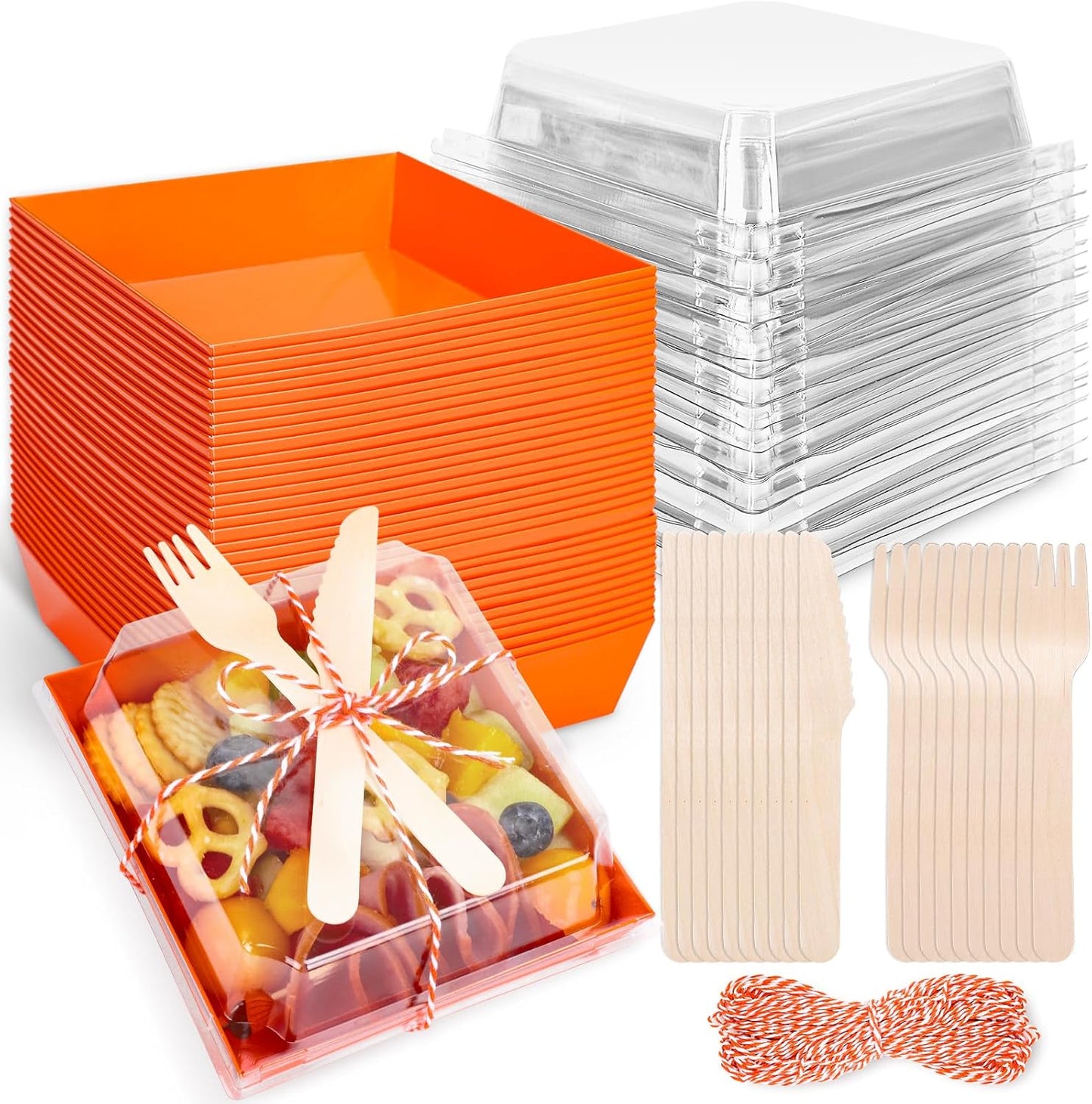 50Pcs Small Charcuterie Boxes with Clear Lids Kraft Mini Dessert Boxes with Forks and Knives 5 Inch Square Disposable Food Containers for Sandwich Cookie Sushi Cake Slice Strawberries