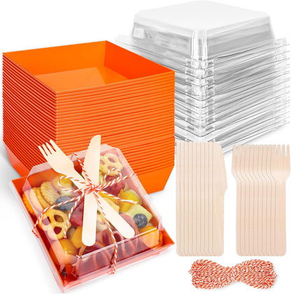 50Pcs Small Charcuterie Boxes with Clear Lids Kraft Mini Dessert Boxes with Forks and Knives 5 Inch Square Disposable Food Containers for Sandwich Cookie Sushi Cake Slice Strawberries