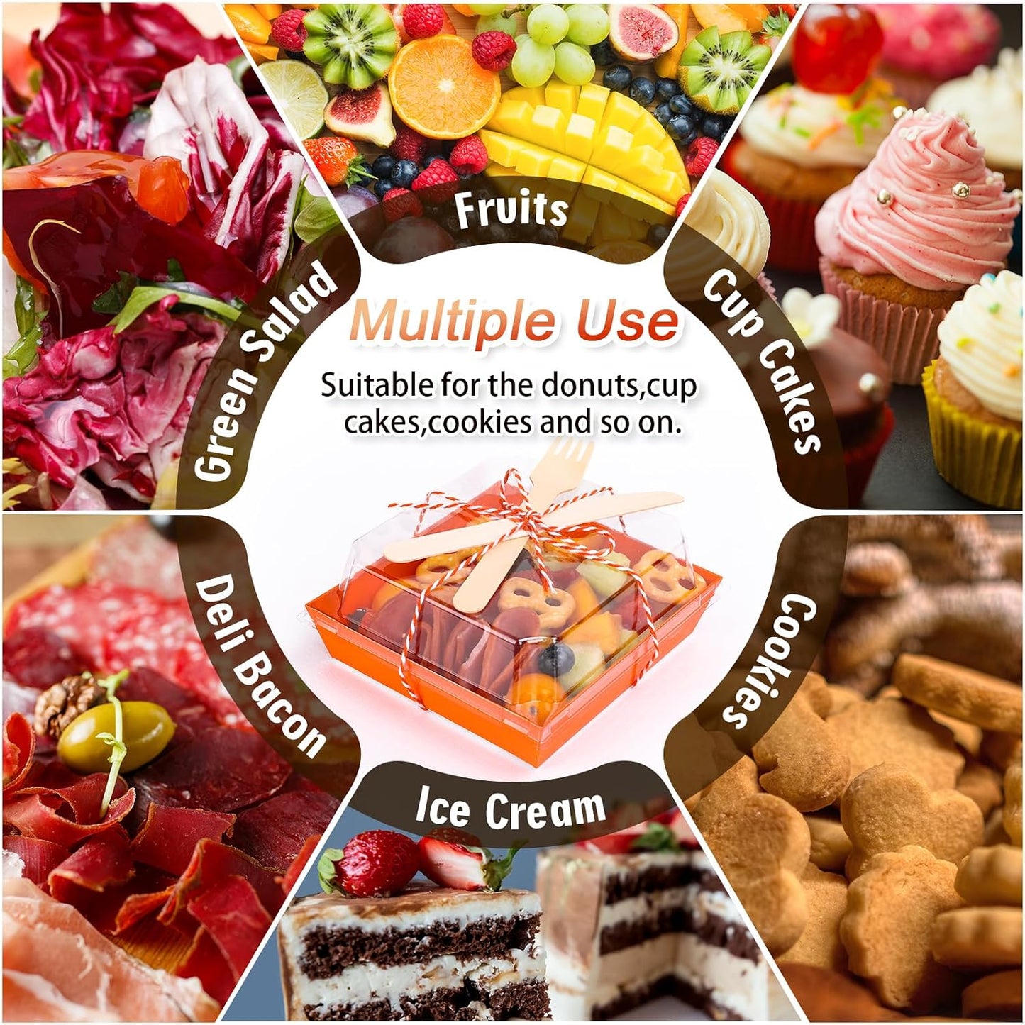 50Pcs Small Charcuterie Boxes with Clear Lids Kraft Mini Dessert Boxes with Forks and Knives 5 Inch Square Disposable Food Containers for Sandwich Cookie Sushi Cake Slice Strawberries