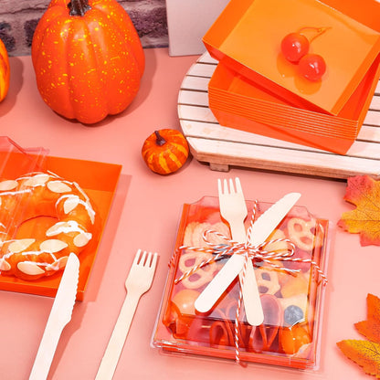 50Pcs Small Charcuterie Boxes with Clear Lids Kraft Mini Dessert Boxes with Forks and Knives 5 Inch Square Disposable Food Containers for Sandwich Cookie Sushi Cake Slice Strawberries