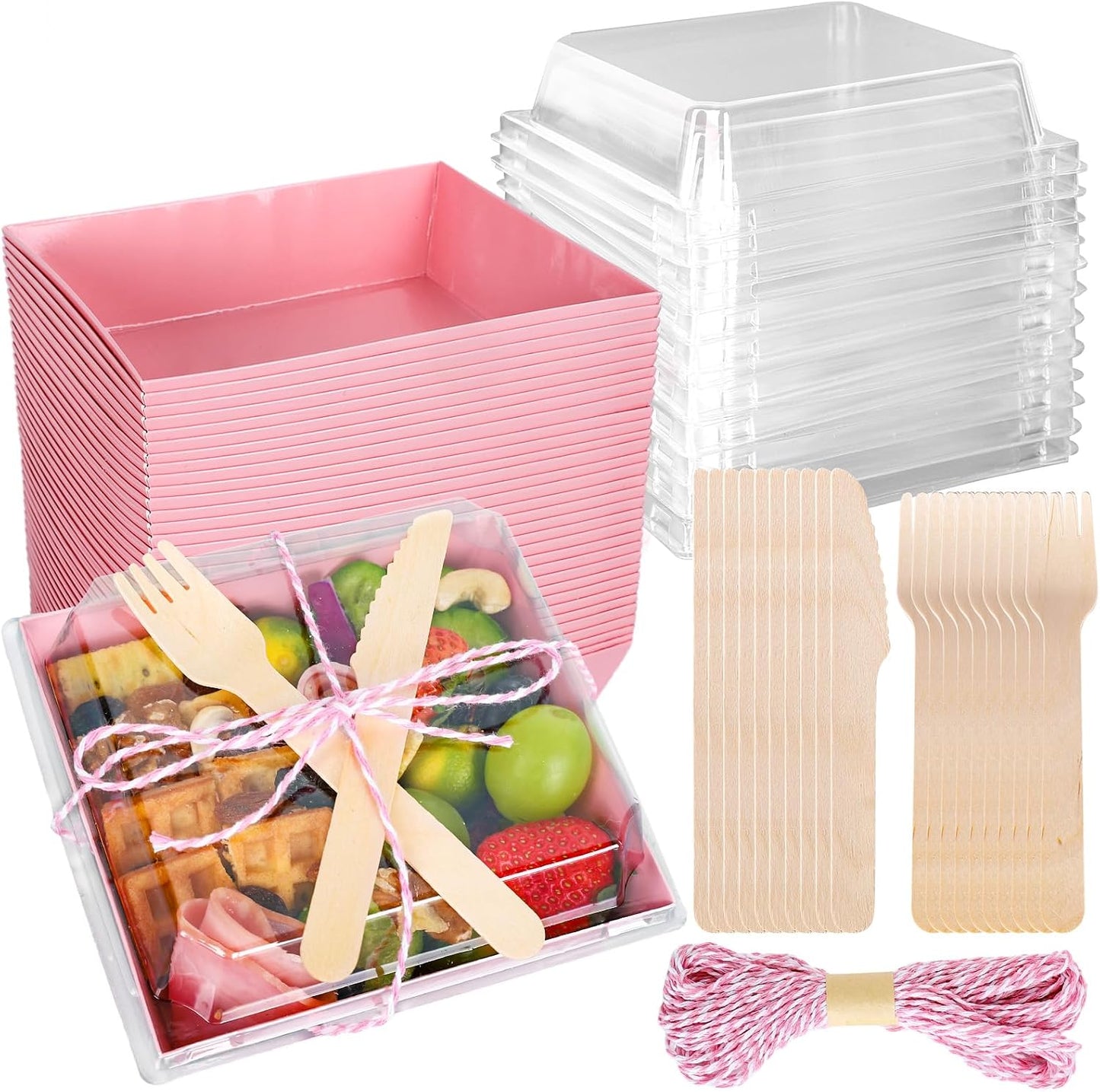 50Pcs Small Charcuterie Boxes with Clear Lids Kraft Mini Dessert Boxes with Forks and Knives 5 Inch Square Disposable Food Containers for Sandwich Cookie Sushi Cake Slice Strawberries