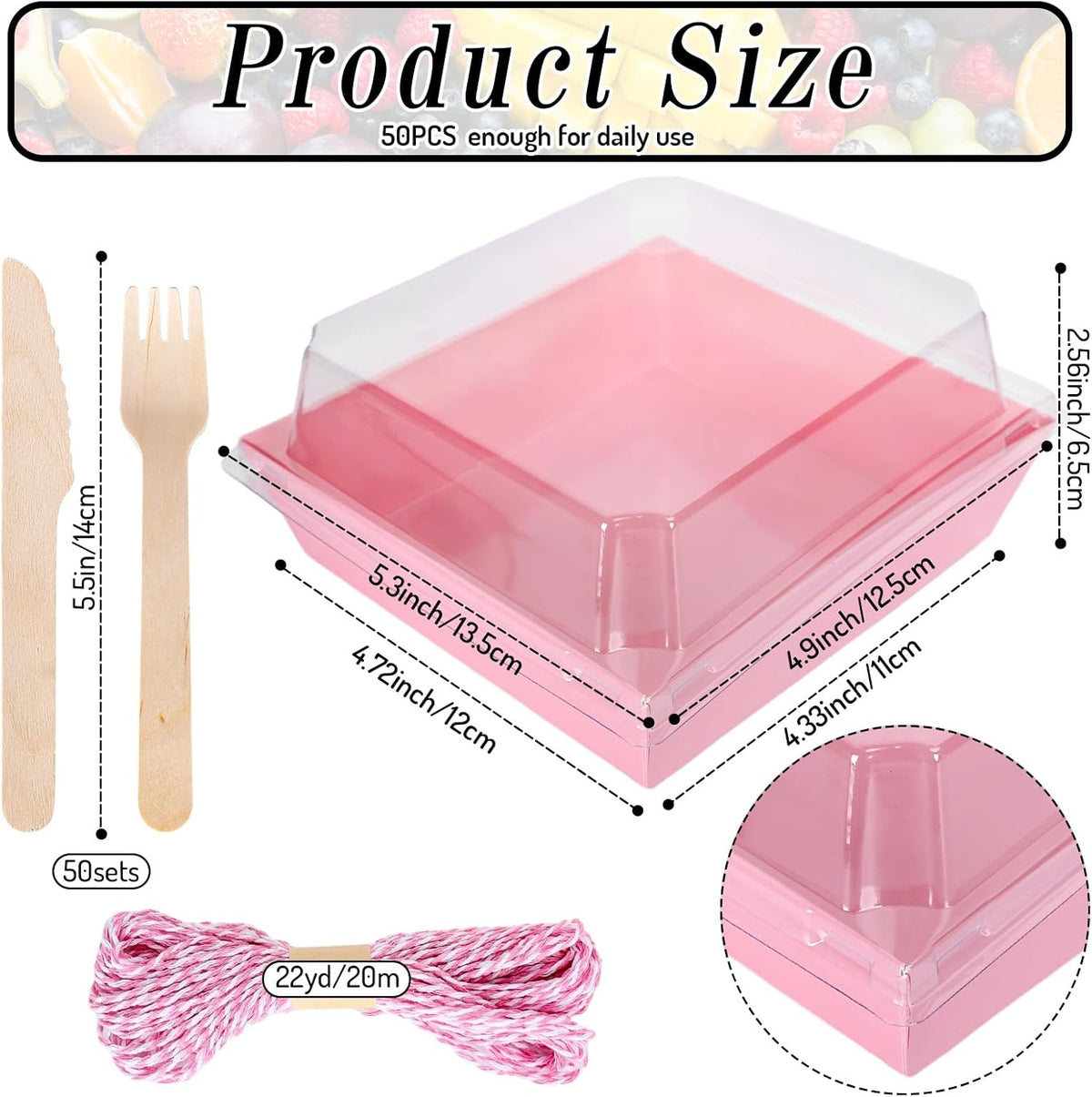 50Pcs Small Charcuterie Boxes with Clear Lids Kraft Mini Dessert Boxes with Forks and Knives 5 Inch Square Disposable Food Containers for Sandwich Cookie Sushi Cake Slice Strawberries