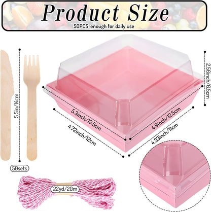 50Pcs Small Charcuterie Boxes with Clear Lids Kraft Mini Dessert Boxes with Forks and Knives 5 Inch Square Disposable Food Containers for Sandwich Cookie Sushi Cake Slice Strawberries