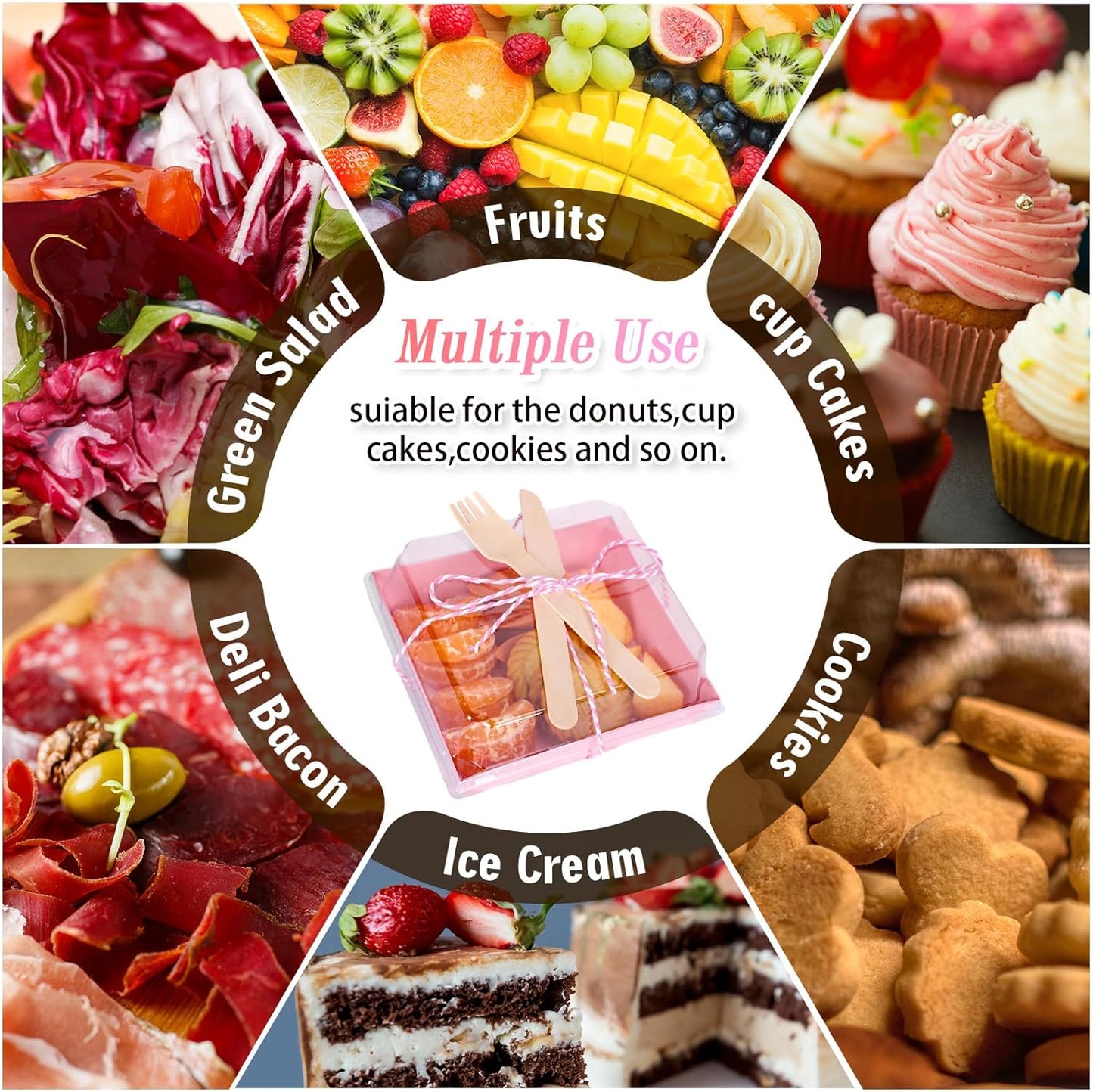 50Pcs Small Charcuterie Boxes with Clear Lids Kraft Mini Dessert Boxes with Forks and Knives 5 Inch Square Disposable Food Containers for Sandwich Cookie Sushi Cake Slice Strawberries