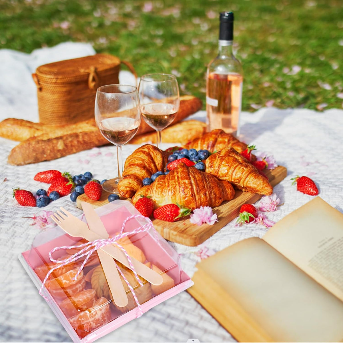 50Pcs Small Charcuterie Boxes with Clear Lids Kraft Mini Dessert Boxes with Forks and Knives 5 Inch Square Disposable Food Containers for Sandwich Cookie Sushi Cake Slice Strawberries