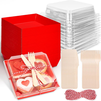 50Pcs Small Charcuterie Boxes with Clear Lids Kraft Mini Dessert Boxes with Forks and Knives 5 Inch Square Disposable Food Containers for Sandwich Cookie Sushi Cake Slice Strawberries