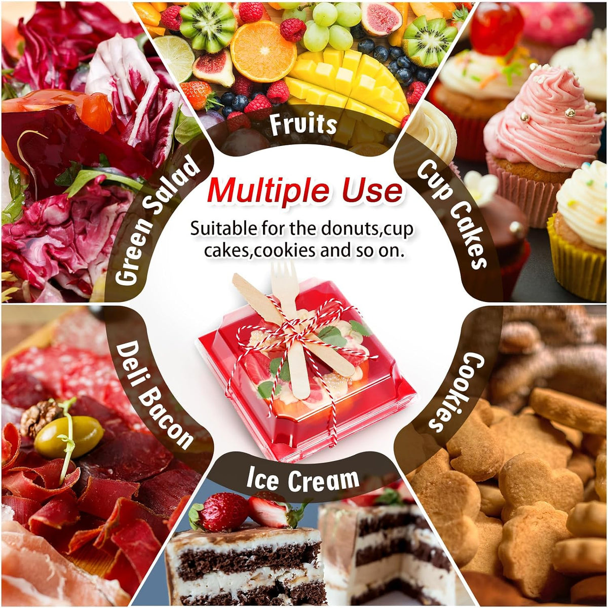 50Pcs Small Charcuterie Boxes with Clear Lids Kraft Mini Dessert Boxes with Forks and Knives 5 Inch Square Disposable Food Containers for Sandwich Cookie Sushi Cake Slice Strawberries