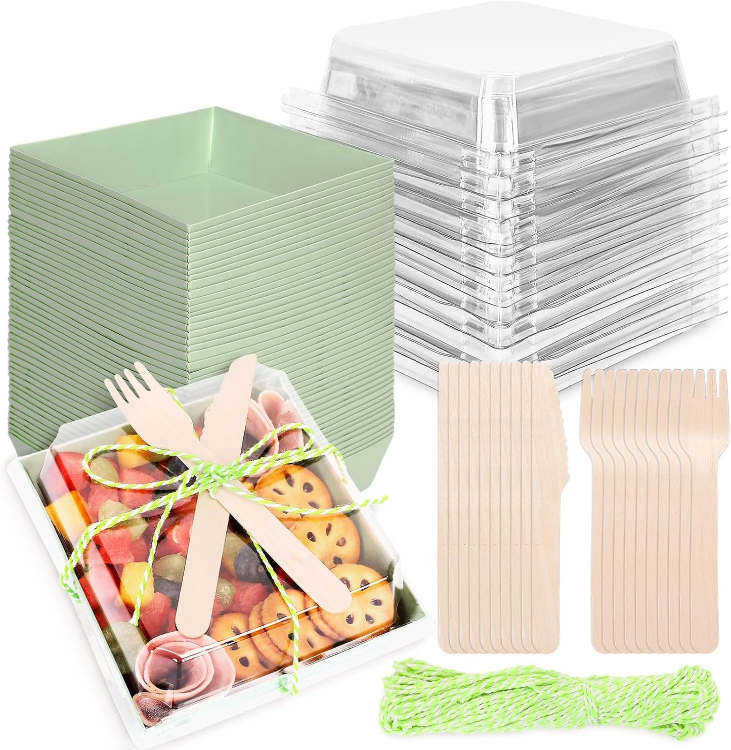 50Pcs Small Charcuterie Boxes with Clear Lids Kraft Mini Dessert Boxes with Forks and Knives 5 Inch Square Disposable Food Containers for Sandwich Cookie Sushi Cake Slice Strawberries