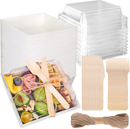 50Pcs Small Charcuterie Boxes with Clear Lids Kraft Mini Dessert Boxes with Forks and Knives 5 Inch Square Disposable Food Containers for Sandwich Cookie Sushi Cake Slice Strawberries