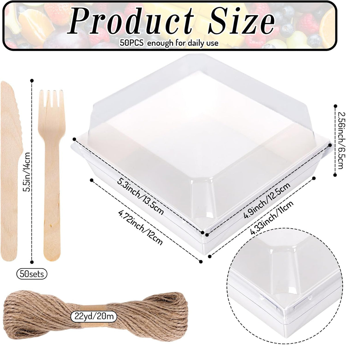 50Pcs Small Charcuterie Boxes with Clear Lids Kraft Mini Dessert Boxes with Forks and Knives 5 Inch Square Disposable Food Containers for Sandwich Cookie Sushi Cake Slice Strawberries