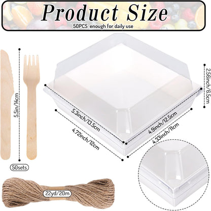 50Pcs Small Charcuterie Boxes with Clear Lids Kraft Mini Dessert Boxes with Forks and Knives 5 Inch Square Disposable Food Containers for Sandwich Cookie Sushi Cake Slice Strawberries