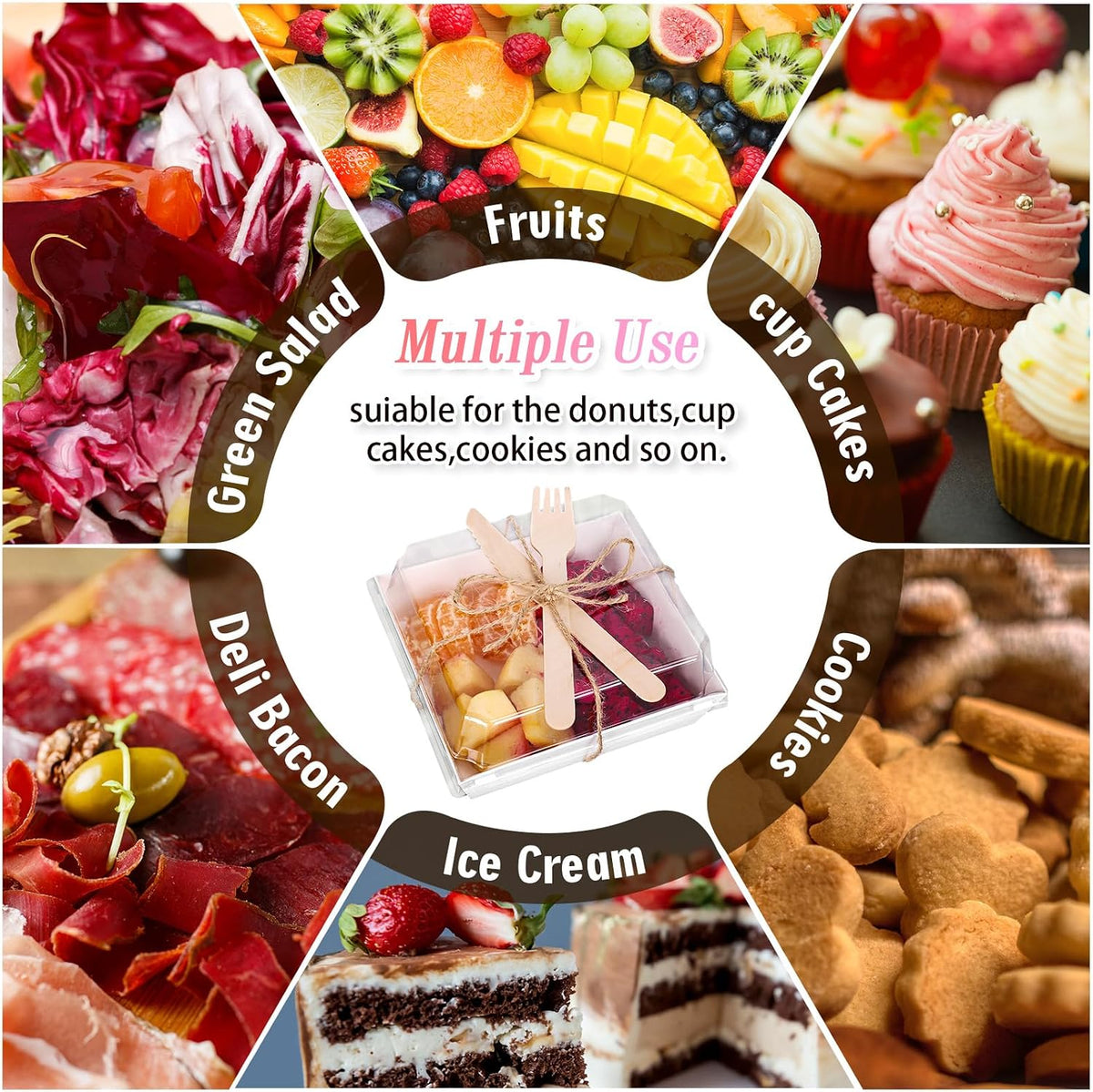 50Pcs Small Charcuterie Boxes with Clear Lids Kraft Mini Dessert Boxes with Forks and Knives 5 Inch Square Disposable Food Containers for Sandwich Cookie Sushi Cake Slice Strawberries