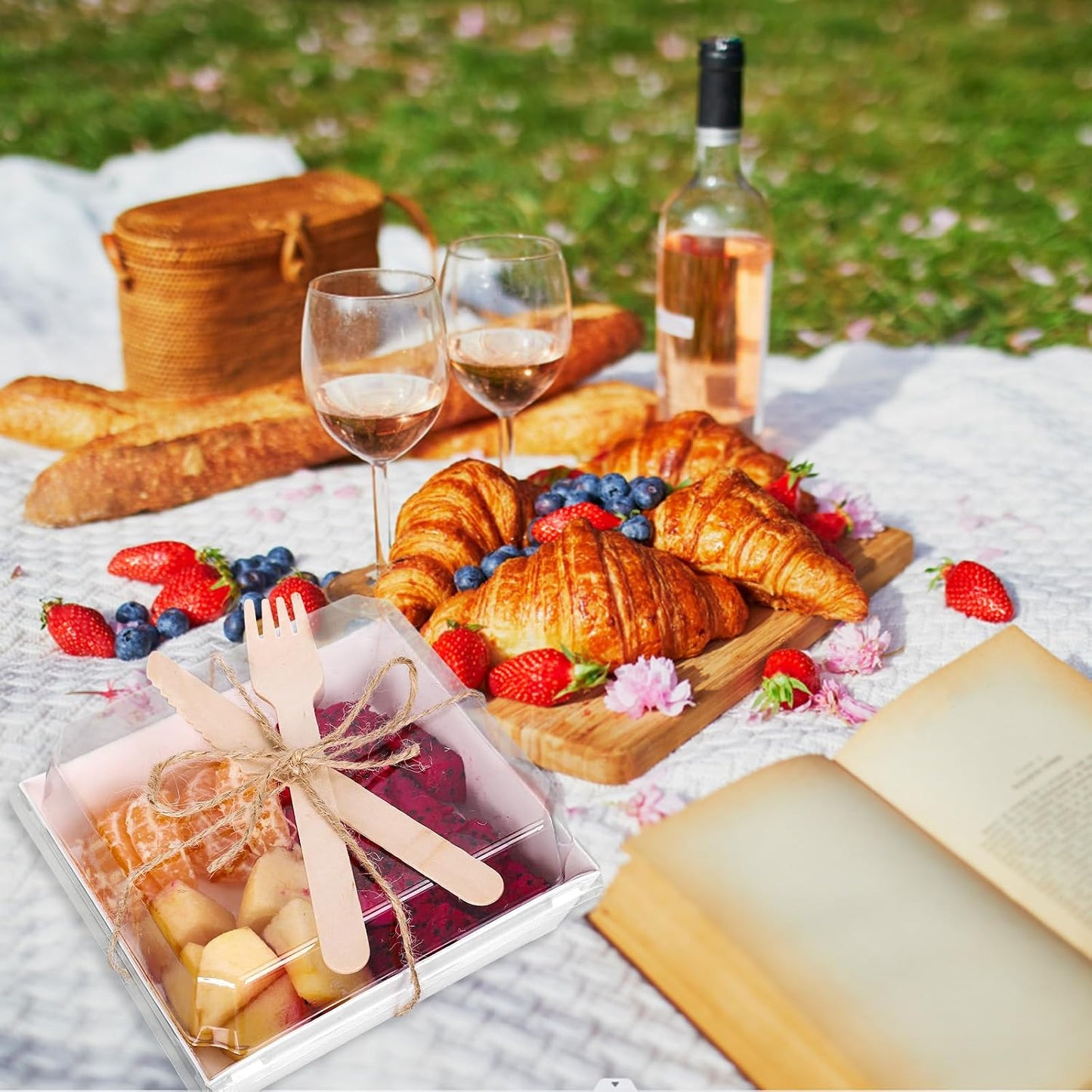 50Pcs Small Charcuterie Boxes with Clear Lids Kraft Mini Dessert Boxes with Forks and Knives 5 Inch Square Disposable Food Containers for Sandwich Cookie Sushi Cake Slice Strawberries