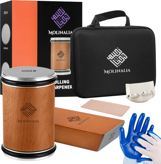 Rolling Knife Sharpener Kit for Kitchen - Multi Angle Tool with Magnetic Angle Guide (15°/20°) Diamond & Ceramic Discs, Knife Sharpening Kit having Finger Guard, Gloves & Travel Bag