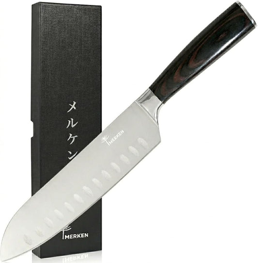 7-Inch Santoku Knife, High-Carbon Stainless Steel, Pakkawood Handle | 5Cr15MoV steel, 7-inch hollow-edge blade, Pakkawood handle, for slicing, dicing and mincing produce and proteins