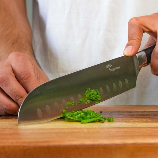 7-Inch Santoku Knife, High-Carbon Stainless Steel, Pakkawood Handle | 5Cr15MoV steel, 7-inch hollow-edge blade, Pakkawood handle, for slicing, dicing and mincing produce and proteins