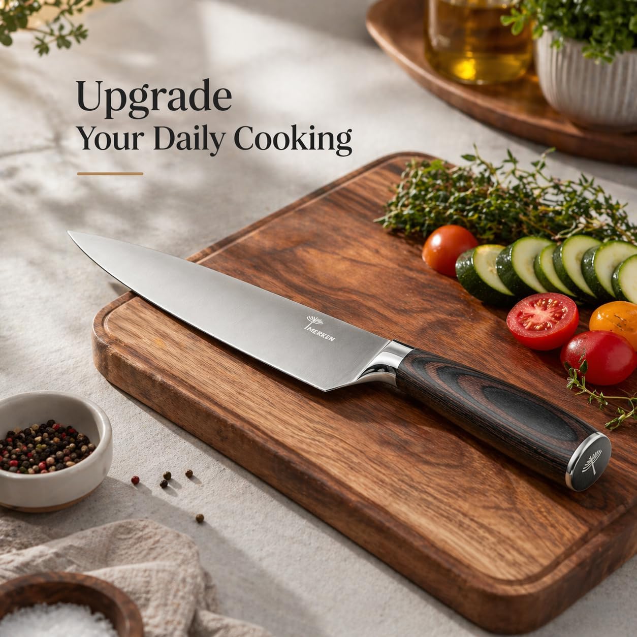 7-Inch Santoku Knife, High-Carbon Stainless Steel, Pakkawood Handle | 5Cr15MoV steel, 7-inch hollow-edge blade, Pakkawood handle, for slicing, dicing and mincing produce and proteins