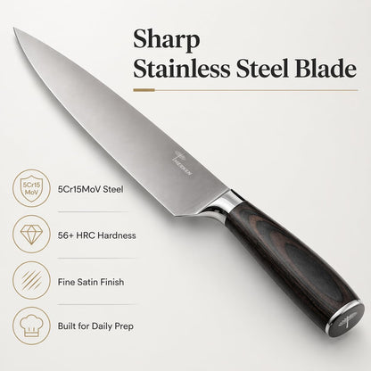 7-Inch Santoku Knife, High-Carbon Stainless Steel, Pakkawood Handle | 5Cr15MoV steel, 7-inch hollow-edge blade, Pakkawood handle, for slicing, dicing and mincing produce and proteins